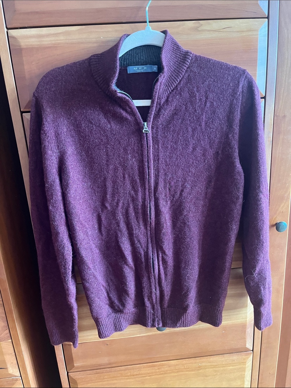 MFH Knits baby alpaca maroon zip up cardigan sweater, size S, very soft!